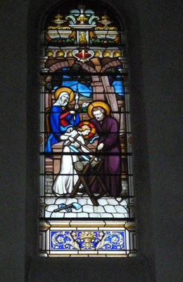 Vitrail coeur église - Enfance de Jésus avec Marie et Joseph 